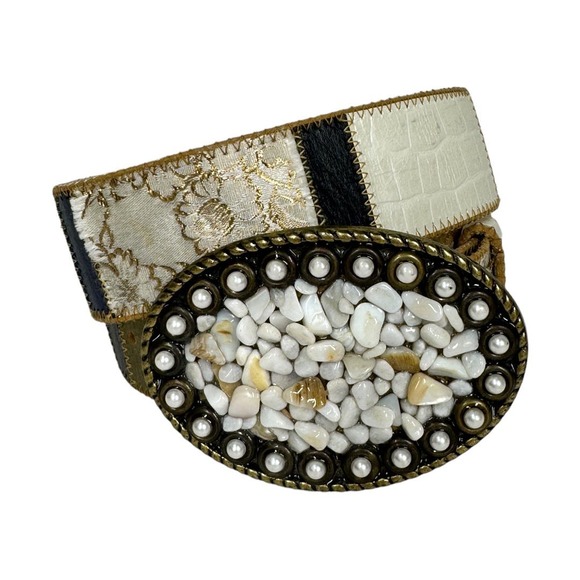 Vintage Elite Leather Patchwork Belt Medium Stone Embellished Buckle Neutral - Picture 6 of 6